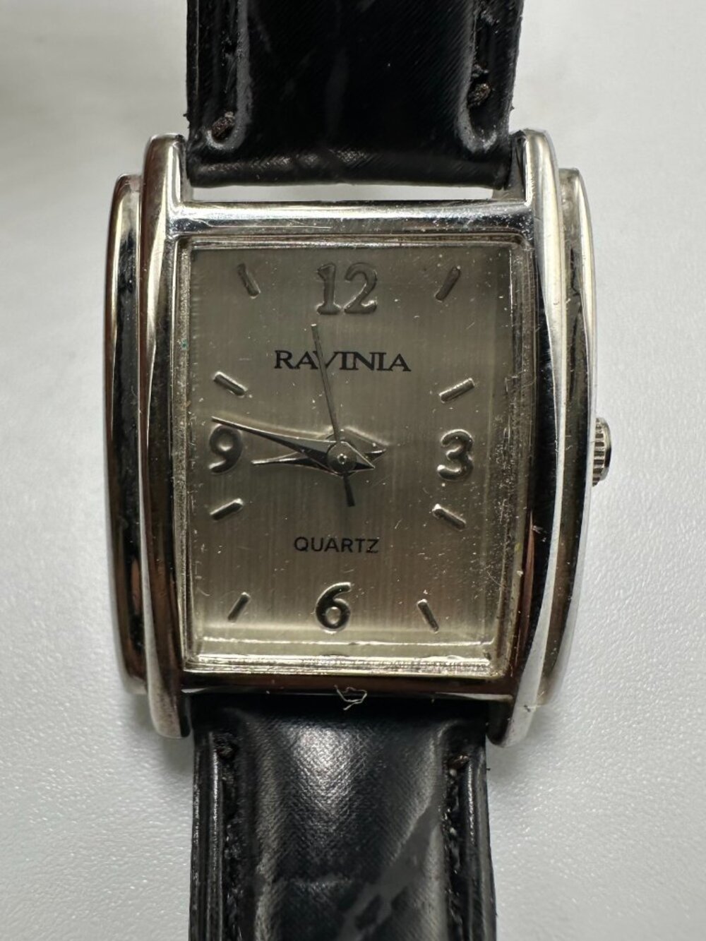 3/$30 Ravinia Watch Women Silver 21MM Rectangle Case Black Leather Band 7.5"